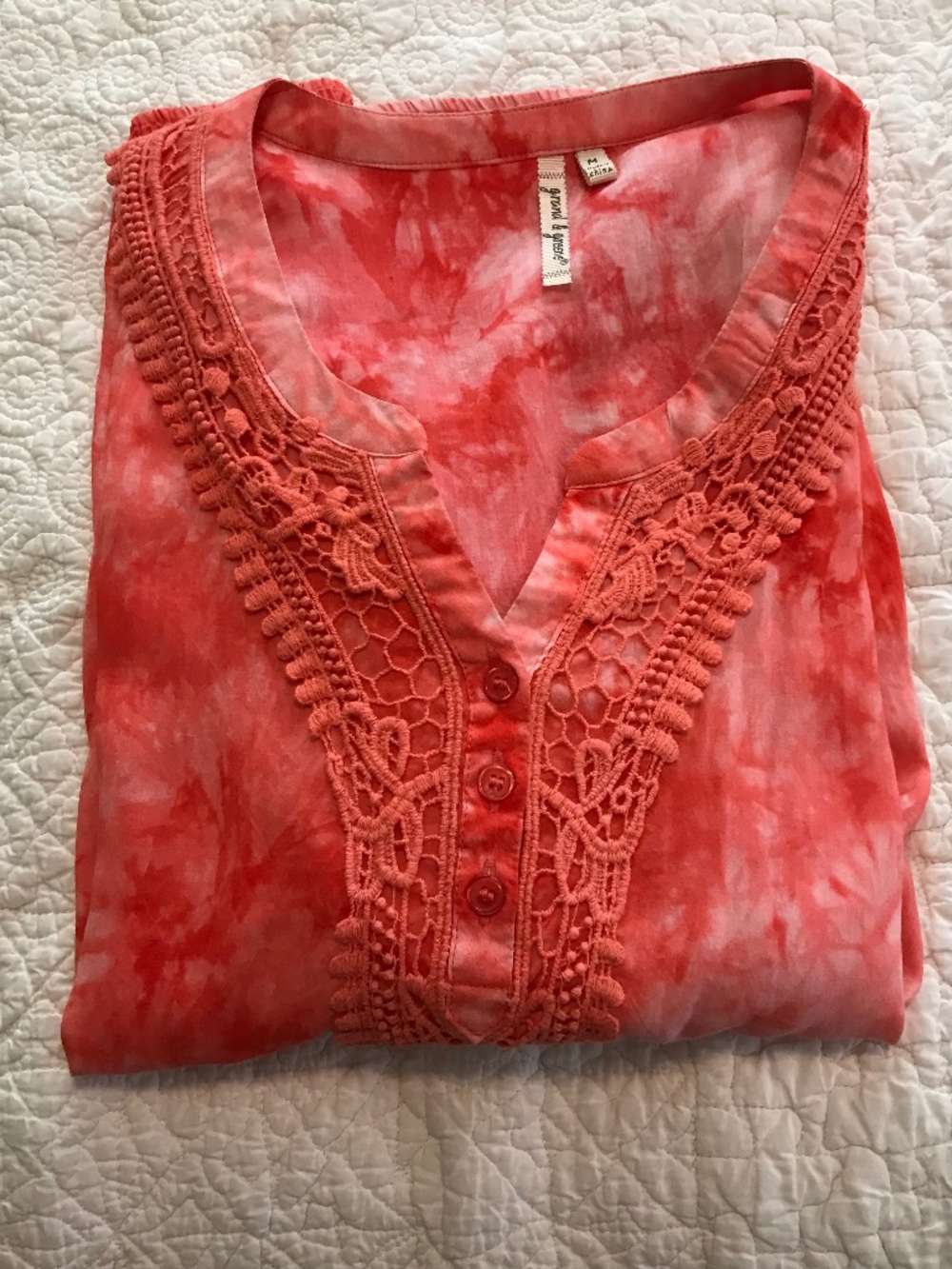 Grand & Greene pink tie dye long sleeved v-neck blouse with crochet lace (M)